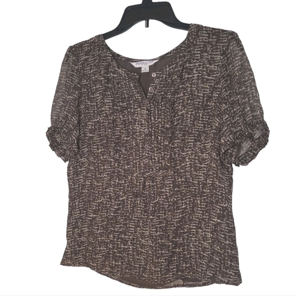 Pendleton 100% Silk Sheer Puff Sleeve Brown Blouse Petite 8 — Quiet Luxury Work - Picture 13 of 14
